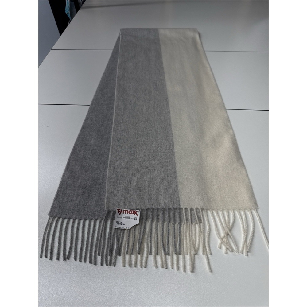 NWT AMICALE 100% Cashmere Unisex Scarf Fringe Gray Cream Striped Classic Preppy